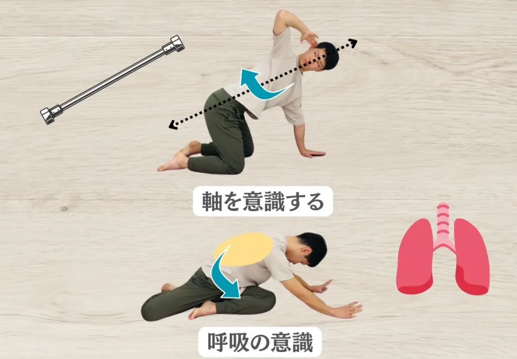 ピラティスで胸郭を回旋する時は軸と呼吸を意識