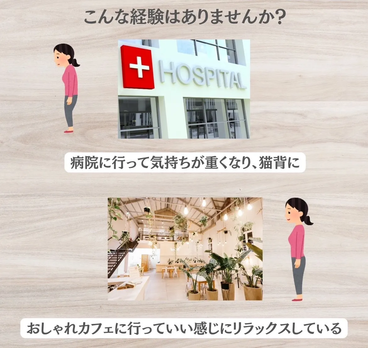 病院に行って気持ちが重くなり、猫背に おしゃれカフェに行っていい感じにリラックスしている